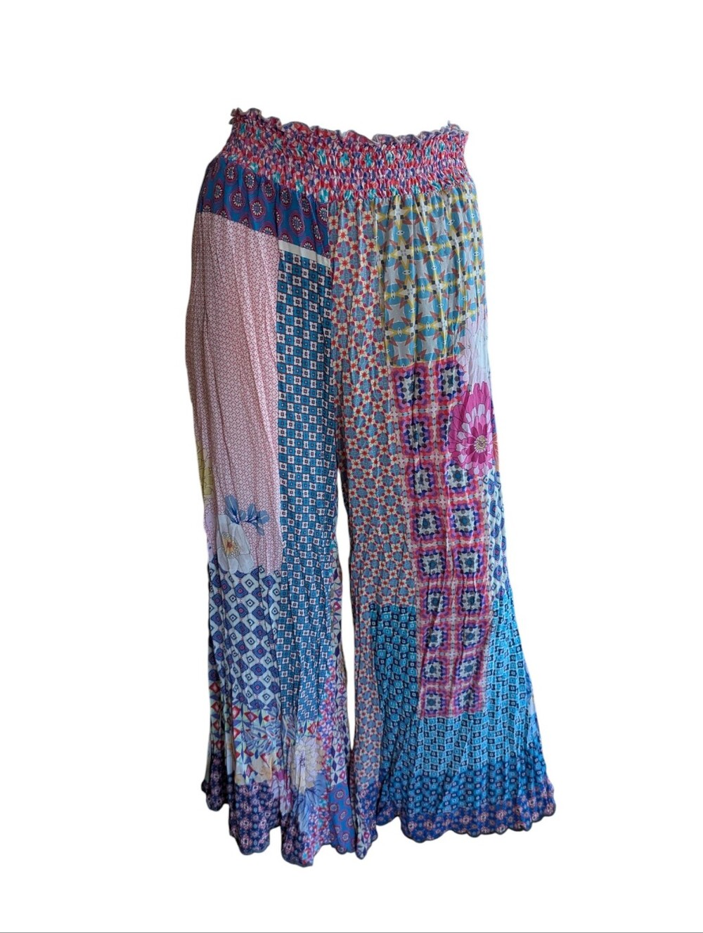 Johnny Was Patchwork Wide-Leg Pants in Blue & Pink - Picture 2 of 10
